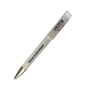 Kugelschreiber wei&szlig; mit Stopfen in silber